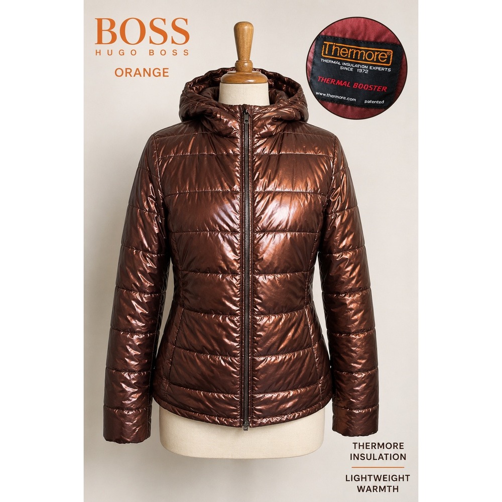 Hugo Boss Orange Metallic Bronze Puffer Jacket Thermore Hooded Y2K Techwear US 8